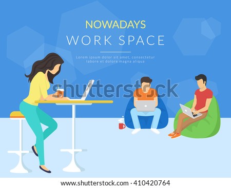 Coworking center concept. Shared working environment with various people talking and working at the computers in the open space office. Flat concept illustration of creative thinking