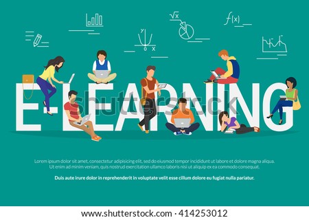 E-learning school vector illustration of young people using laptop, tablet and smartphone for online distance studying and education. Flat people learn and share new technology near letters elearning