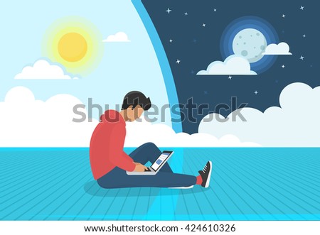 Young man sitting on the floor and working with laptop day and night. Flat concept modern illustration of nonstop social networking, searching and sending email and working as programmer or designer