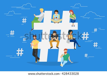 Hashtag concept illustration of young people using mobile tablet and smartphone for sending posts and sharing them in social media. Flat vector hashtag big symbol with guys and women follow the trend