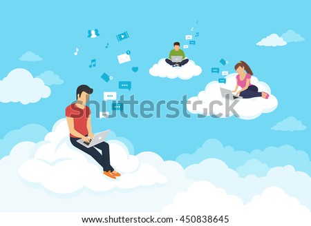 Young people sitting on the clouds in the sky using laptop and typing messages to friends. Flat modern illustration of working, social networking, elearning and texting using cloud storage