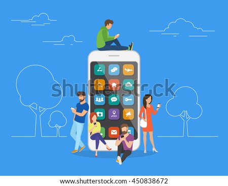 Young men and women are standing near big smartphone and using smart phones, reading news and texting message to friends. Flat vector concept illustration of smartphone usability on blue background
