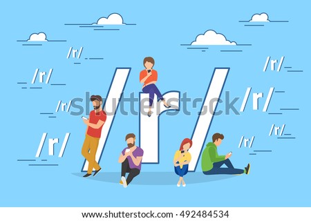 Social networking and blogging concep illustration of young people using mobile gadgets such as tablet pc and smartphone for sharing news via internet. Flat design of guys and women near big symbol