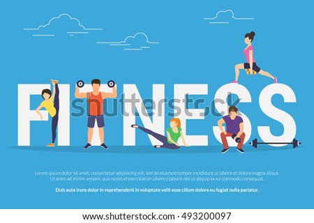 Fitness concept illustration of young people doing workout with equipment. Flat design of guys and women training near big letters fitness. Sport banner for landing page or promotion