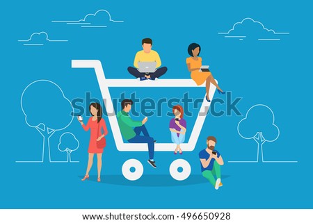 E-commerce cart concept illustration of young people using mobile gadgets such as tablet and smartphone for online purchasing and ordering goods. Flat guys and women sitting on the ecommerce symbol