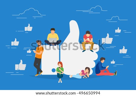 I like it concept illustration of young people using mobile gadgets such as laptop, tablet pc and smartphone for social networking and blogging. Flat design of guys and women near big symbol