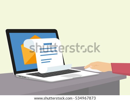 Man is getting a newsletter via e-mail. Flat illustration of human hand working with laptop at home and receiving instant promotion newsletter. Open envelope with white letter paper