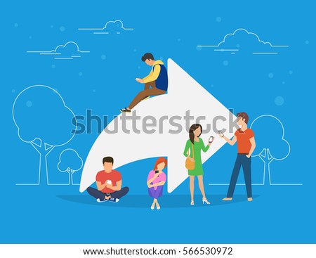 Share symbol concept illustration of young people using mobile smartphone for sharing posts in social networks. Flat people addicted to posting images and news sitting on big symbol