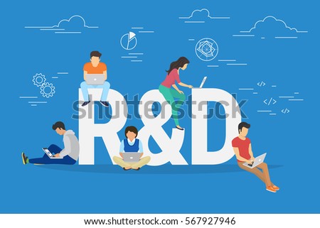 Research and development concept illustration of business people working together as team. Flat design manager, designer, programmer and other colleagues sittting on big letters R and D using laptops
