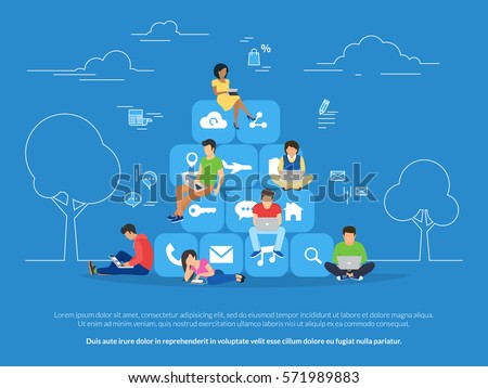 Young men and women sitting on mobile app icons and using smartphone and laptop for reading news and texting message to friends. Flat concept illustration of app addiction on blue background