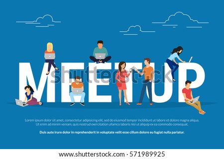Meetup concept illustration of young people attending the professional workshop and brainstorming for new brand or concept. Flat design of guys and women sitting on the big letters