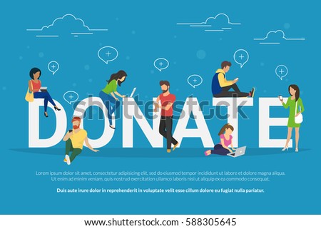 Charity donation funding concept illustration of young men and women using devices such as laptop, smartphone, tablets to donate money and goods. Flat people with gadgets sitting on the bid letters