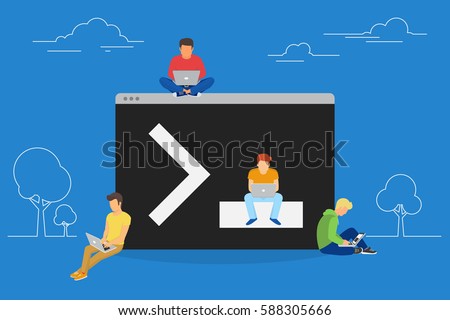 Young programmers coding a new project sitting near console on symbol of command line. Flat modern vector illustration of young programmer coding a new project using computer and developing script