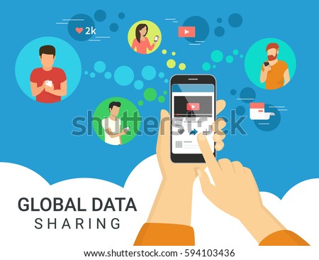 Global data sharing data concept vector illustration of young people using mobile smartphone to share posts and news in social networks. Flat hand holds smart phone to make repost of video and news