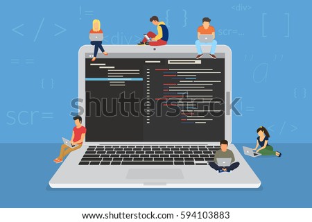 Young programmers coding a new project sitting on big laptop with command line. Flat vector illustration of young programmer coding a new project using programmimg skills and working as system admin