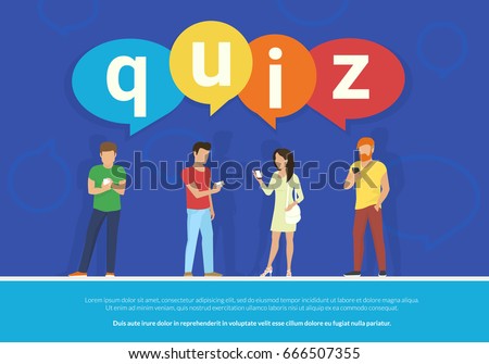 Quiz flat concept vector illustration of young people using mobile smartphone for texting, messaging and answering questions online with quiz big colored bubbles on blue background with copyspace