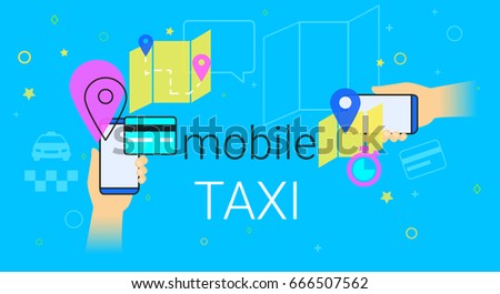 Mobile booking taxi cab on smartphone concept illustration. Human hands hold smart phone with app for ordering taxi vehicle, choosing route and pay by credit card. Creative e-commerce banner