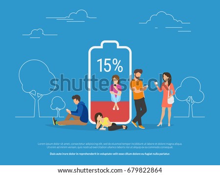 Battery low concept vector illustration of young people using smartphones and tablets with poor battery level. Flat people standing and sitting near big red battery symbol