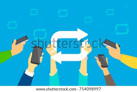 Re-post concept vector, flat illustration of young men and women using smartphones re-posting and publishing images and trends in social network.