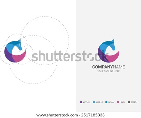 Modern geometric horse logo design using the golden ratio (1.618) for balanced proportions. Features vibrant blue, purple, and pink colors, symbolizing elegance and dynamic creativity.