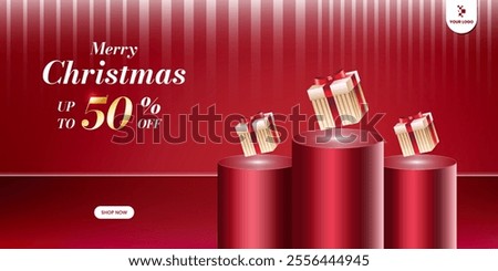 Creative Christmas sale banner with 50% off offer. Highlights golden text, podiums with gift boxes, and a 'Merry Christmas' greeting. Ideal for festive promotions and seasonal marketing campaigns.