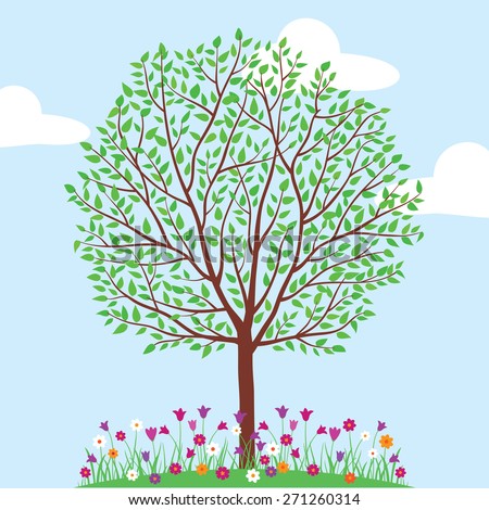 Hello summer. Summer, spring background with tree and flowers. Summer elements for your design. Vector illustration.