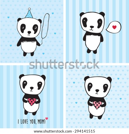 I love you, mom! Greeting cards for Mother's Day, Valentine's Day, birthday with pandas and hearts. Blue background. Hand drawn pandas for your design. Doodles, sketch. Vector illustration.