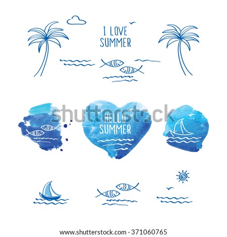 Hello summer. I love summer. Blue watercolor heart. Palm trees, sun, sea, fish and heart for your design.  Doodles, sketch. Vector illustration