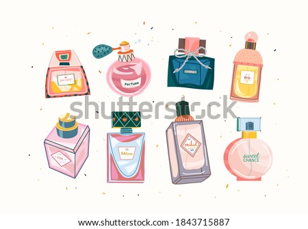 
Сollection of beautiful vector perfume bottles bright colored. Fragrance, perfume, essences, scent. Beauty products, women lifestyle. For cosmetic companies, banners, designs.