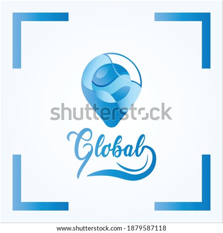 Earth logo. Blue waypoint logo isolated in white. Global illustration on circle shaking hands forming center coordinates