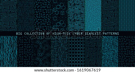 Set of seamless cyber patterns. Circuit board texture. Collection of digital high tech style vector backgrounds Foto stock © 