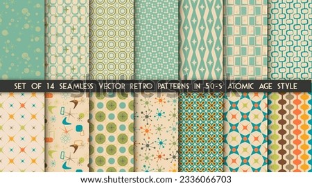 Set of 14 mid-century modern atomic age backgrounds in vector. Seamless retro 50-s patterns ideal for wallpaper and fabric design.