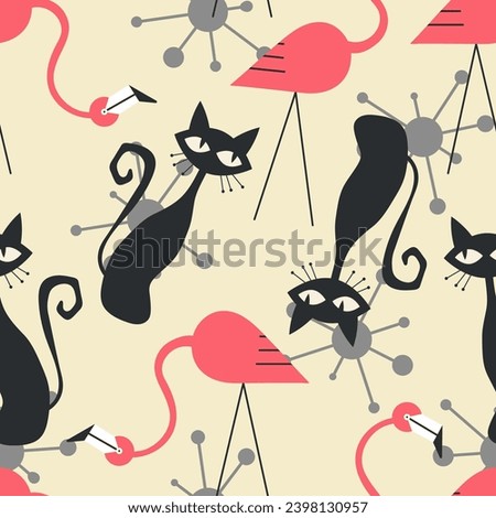 1950s Mid Century Modern Atomic Flamingos, Black Cats, Cosmic Starbursts seamless pattern. Retro fifties vector background