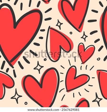 Cute doodled valentines day love themed seamless repeat pattern. Random placed, vector icons like hearts, stars, wording, arrows, flowers, rainbows, lips. Cartoon all over print on pink background.