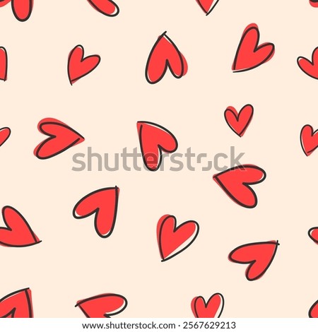 Cute doodled valentines day love themed seamless repeat pattern. Random placed, vector icons like hearts, stars, wording, arrows, flowers, rainbows, lips. Cartoon all over print on pink background.