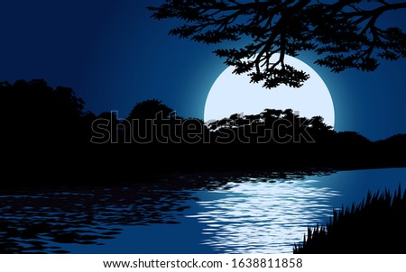 Beautiful blue night with full moon and river