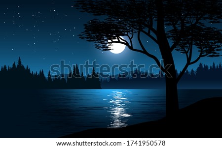 Night illustration with moonlight view and trees at river