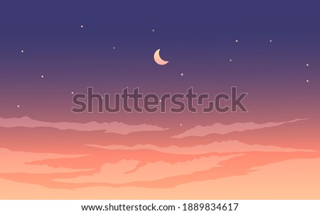 Cloudy night sky with stars and crescent moon