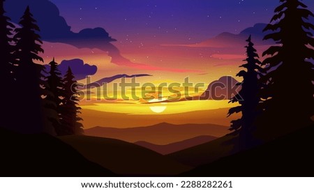 Mountains and hills at sunset. Silhouette of pine trees on the hill