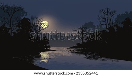 Tranquil night over forest river with moonrise