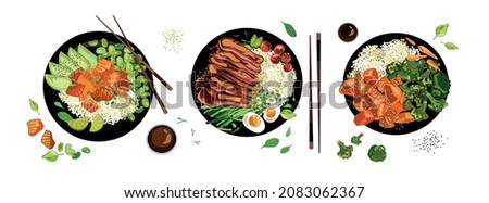 Plates with food top view,Salmon,vegetables,rice,steak with rice eggs and asparagus.Chicken rice,avocado.Set of bowls,cartoon style,white background.Healthy food.Asian cuisine.Vector illustration
