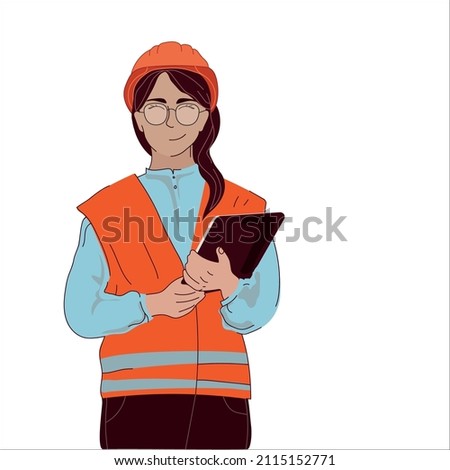 Young woman in a vest and hard hat holds a tablet. Woman worker, engineer, builder, vector illustration isolated on white background.Professional work job occupation.