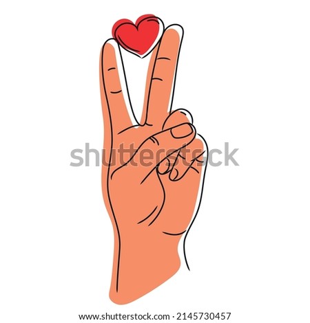 Peace hand gesture sign with heart in fingers. Peace love concept.Vector sketch illustration