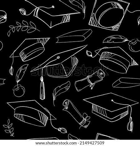 Graduation cap and diploma scroll seamless backdrop. Higher education celebration symbol pattern. Academic caps sketch on black background,seamless pattern.Outline vector illustration