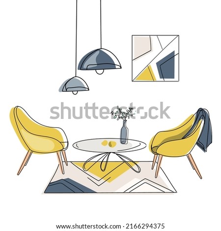 Modern interior for concept design in modern minimalist style drawing,vector illustration isolated on white.Two armchairs with magazine table lamps and picture.Colorful suktch with modern furniture