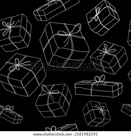 Gift boxes seamless pattern line drawing on black background.Seamless background with boxes outline doodle illustration.Vector design for wallpaper,packaging,textile,print Stockfoto © 