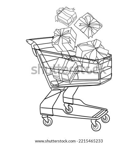 Shopping cart full of gift boxes with bats flying in the air. Line art drawing, black and white vector illustration isolated on white background. Concept of discount. Buying gifts.