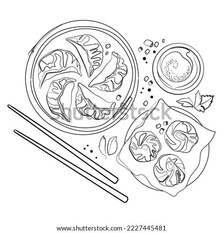 Asian food Dim Sum and Gyoza in bamboo steamer with chopsticks vector sketch illustration Top view.Chinese traditional food.Asian dumplings liner hand drawn illustration