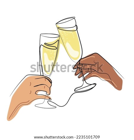 One line champagne glasses clink.Two hands cheering  with glasses of wine vector illustration.Cheers,hand holding holiday drinks, continuous line drawing. Minimalist linear concept of celebrate