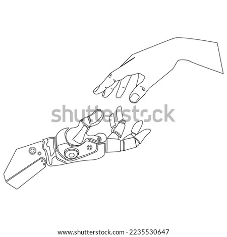 Bionic robotic hand and human hand touch fingers Line art drawing for logo,emblem,print,poster template,vector illustration. Artificial intelligence concept. Bionic arm sketch liner design